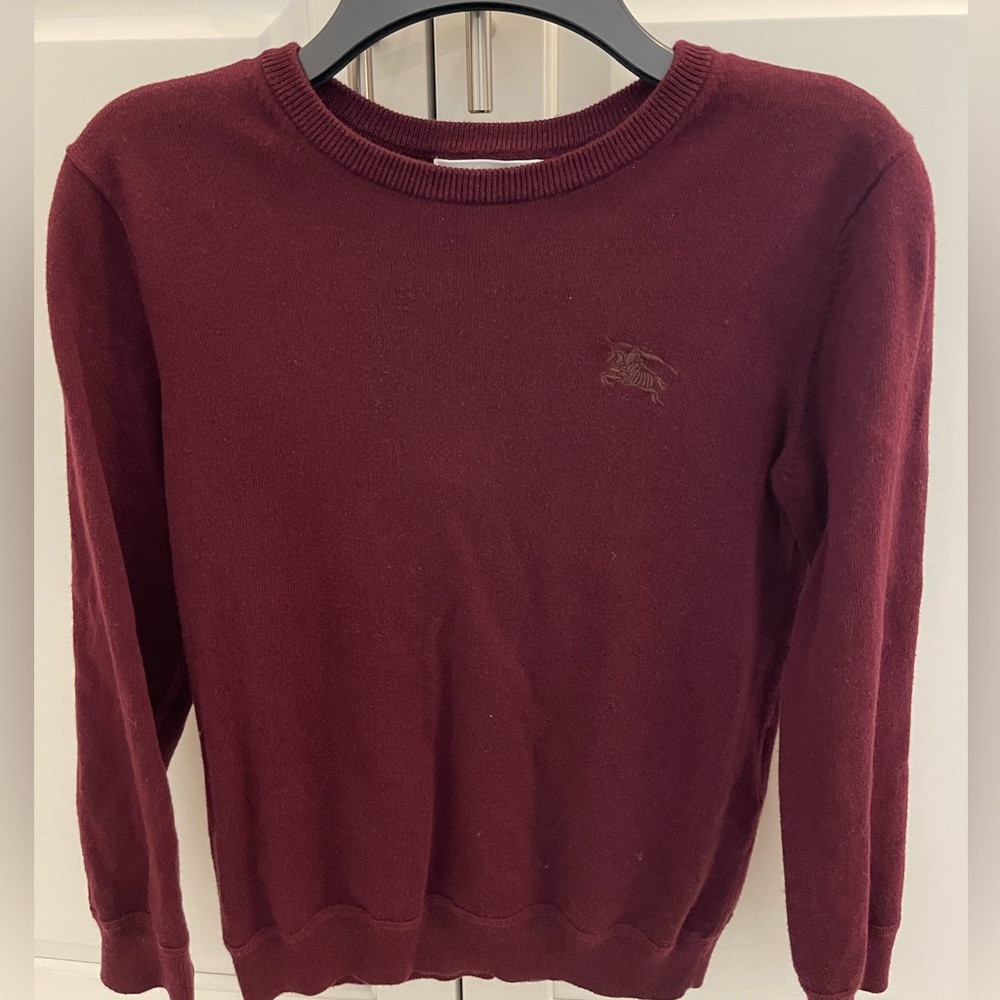 Burberry Kids sweater. Unisex Sz8Y Burgundy w/ Burberry check patches on elbow.